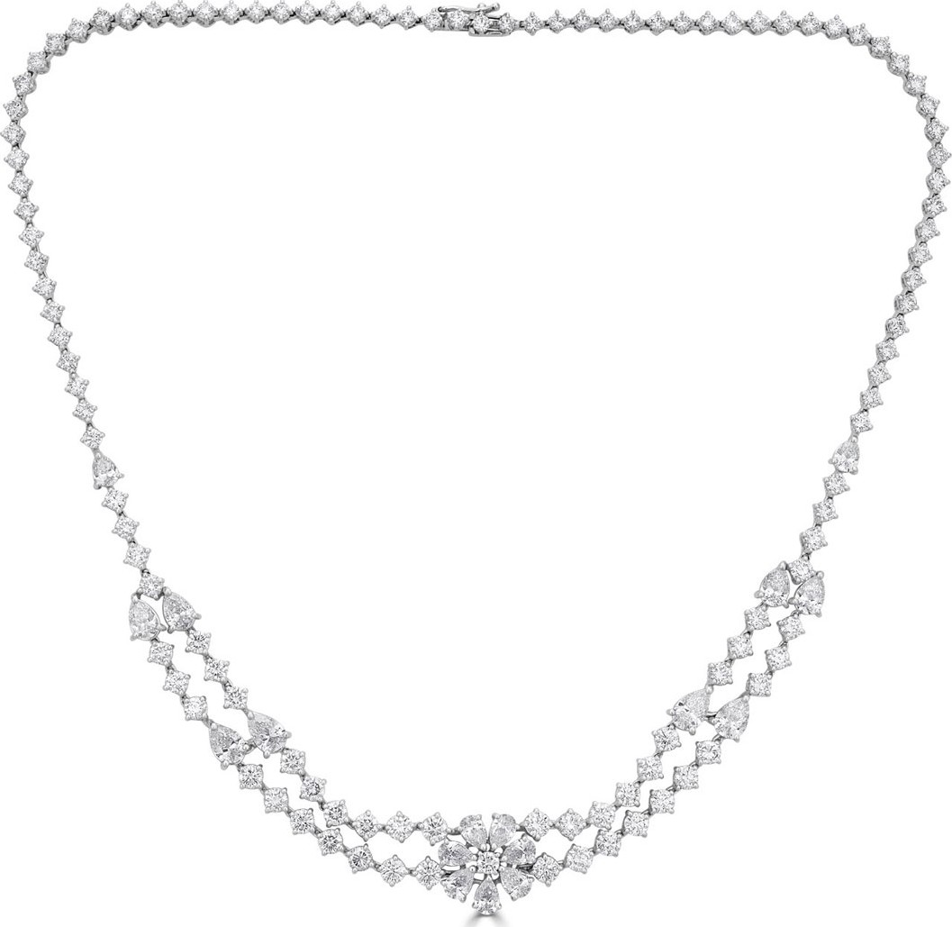 ZYDO Unique 18k White Gold Pear & Round Diamond Necklace