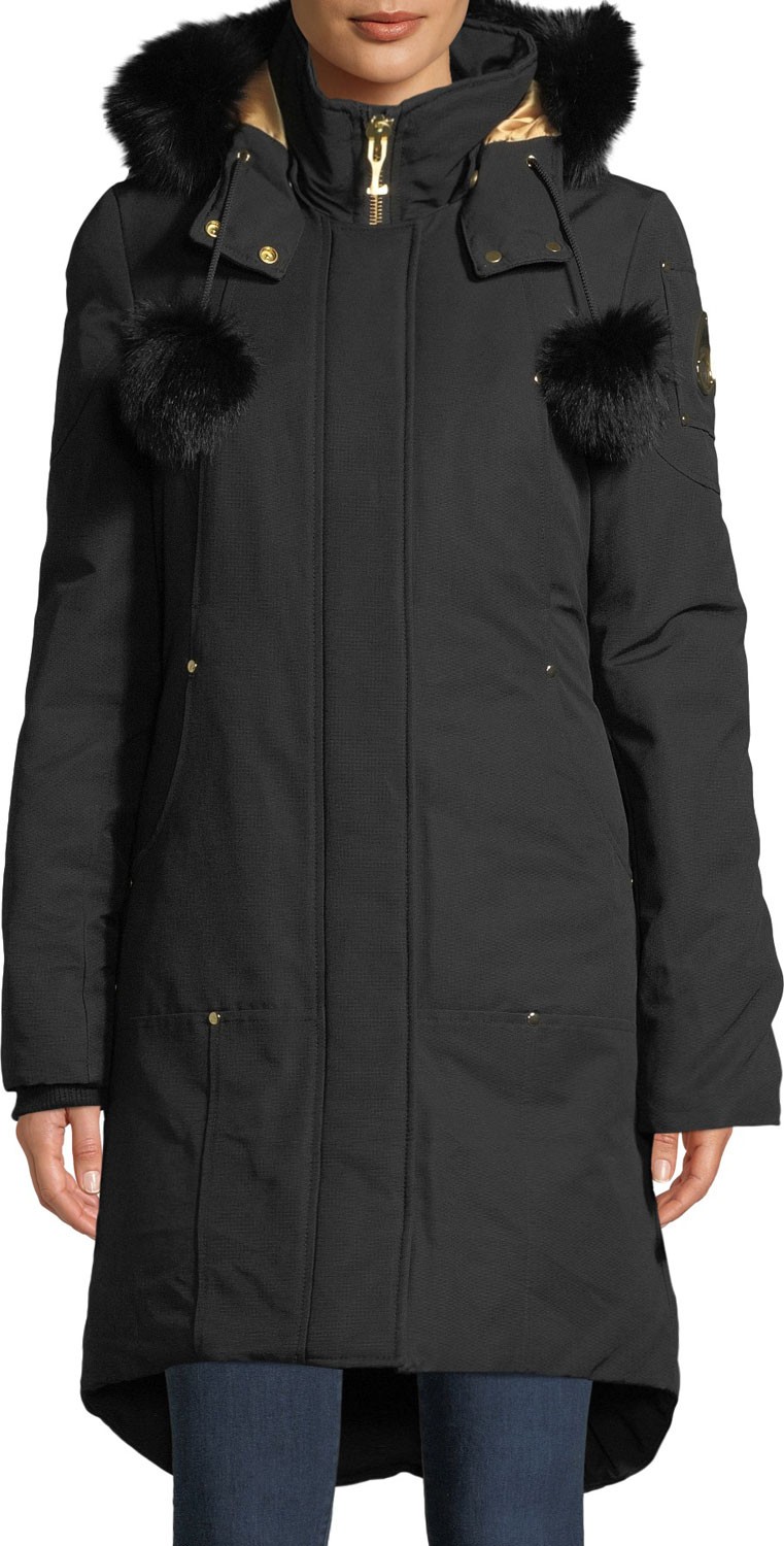 Moose Knuckles Governor Lake Long Parka w/ Fur Trim & Pompoms