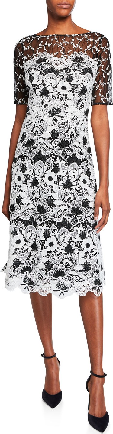 Rickie Freeman for Teri Jon Bateau-Neck Elbow-Sleeve Floral Lace Dress w/ Twin Lace Yoke