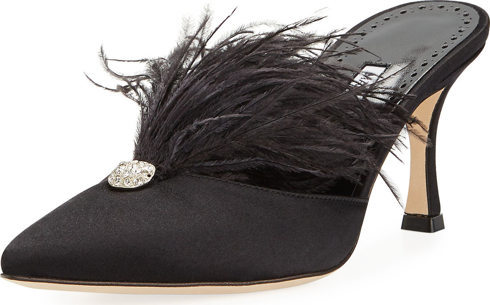 Manolo Blahnik Isona Satin Feather Mules