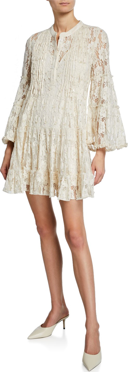 Alexis Emelya Floral Lace Bell-Sleeve Mini Dress Alexis Emelya Floral Lace Bell-Sleeve Mini Dress