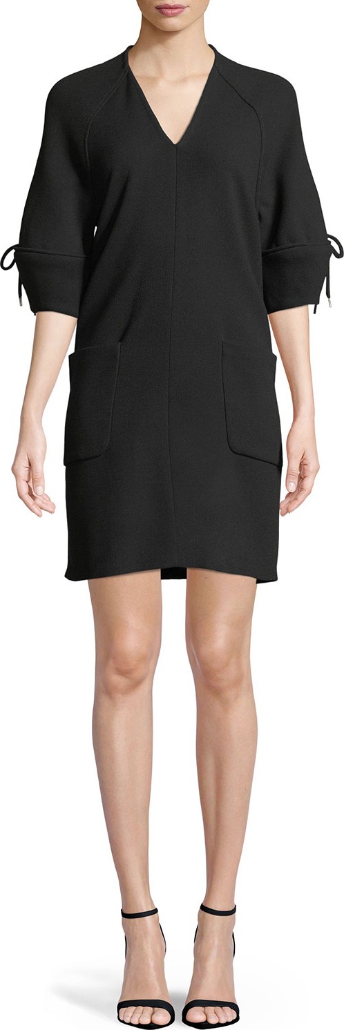 Lela Rose V-Neck Bow-Sleeve Wool Tunic Dress