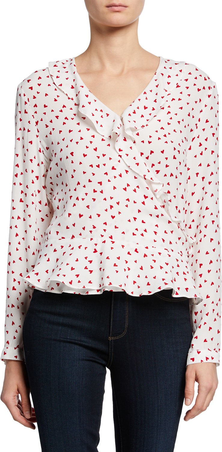 RAILS Simone Heart-Print Long-Sleeve Ruffle Wrap Blouse