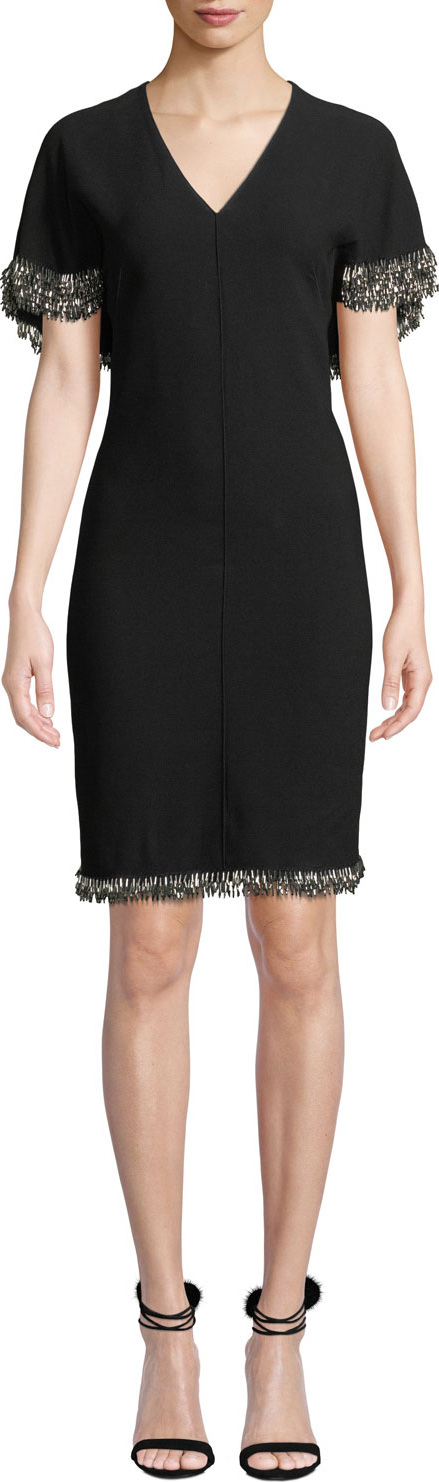 Elie Tahari Merci Cape-Sleeve Sheath Dress with Beaded Fringe