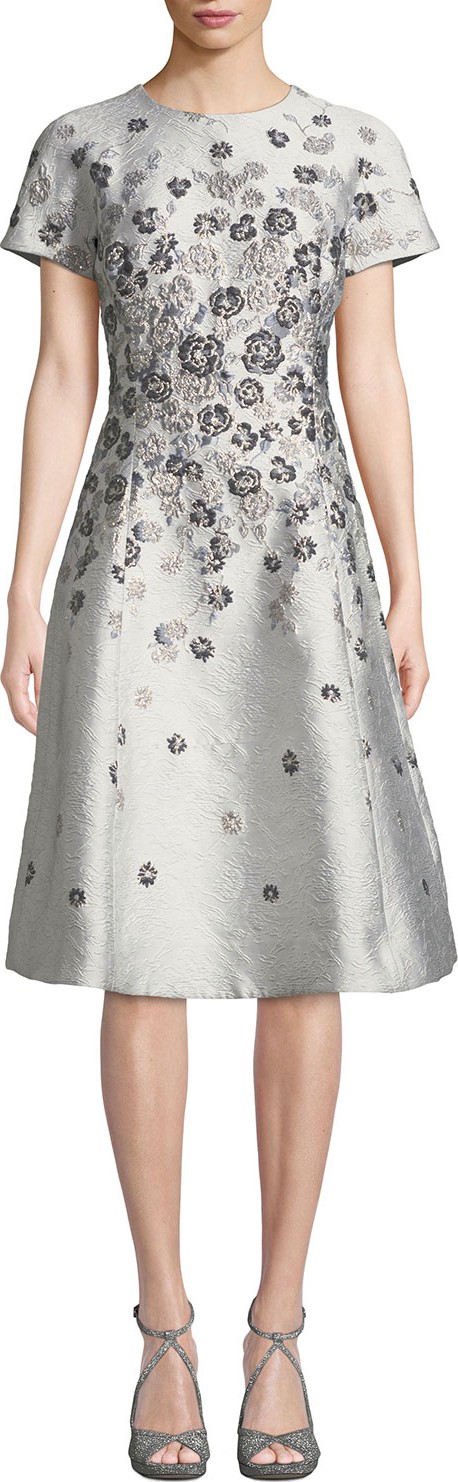 Rickie Freeman for Teri Jon Short-Sleeve 3D Floral-Embroidered Jacquard A-Line Dress