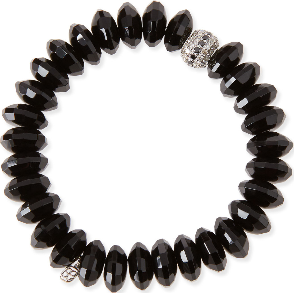 Sydney Evan 12mm Faceted Black Agate Beaded Bracelet w/ 14k White Gold Diamond Disc