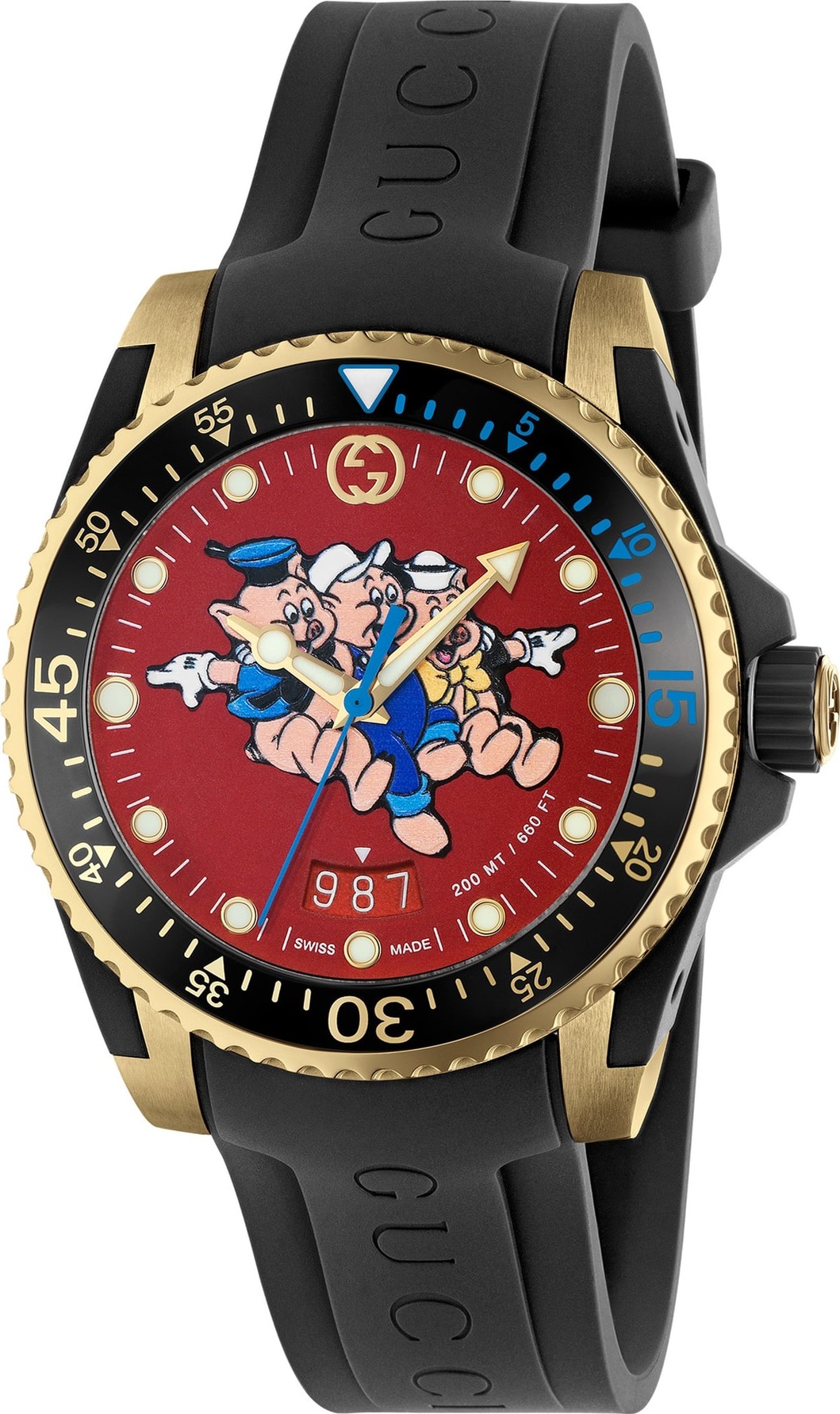 Gucci Diver Pigs Rubber Strap Watch, 40mm