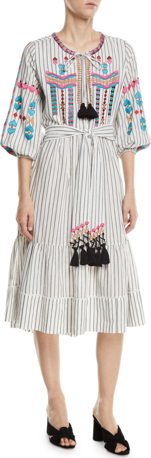 FIGUE Noor Embroidered Pinstriped Peasant Dress