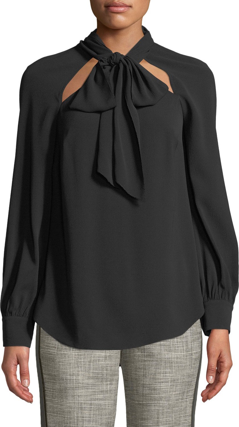 Veronica Beard Teel Tie-Neck Cutout Long-Sleeve Blouse