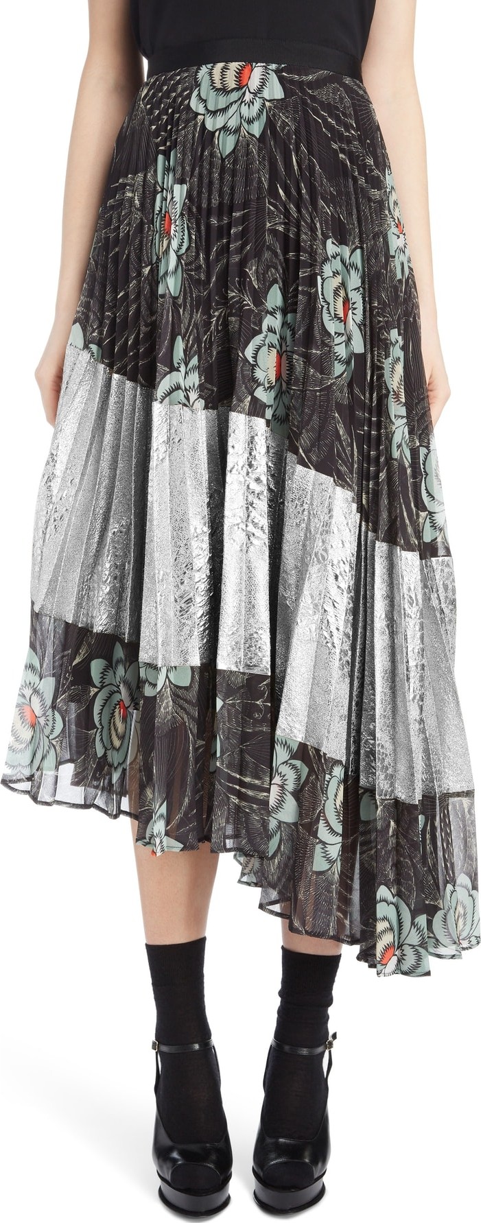 Dries Van Noten Pleated Floral Print & Metallic Skirt