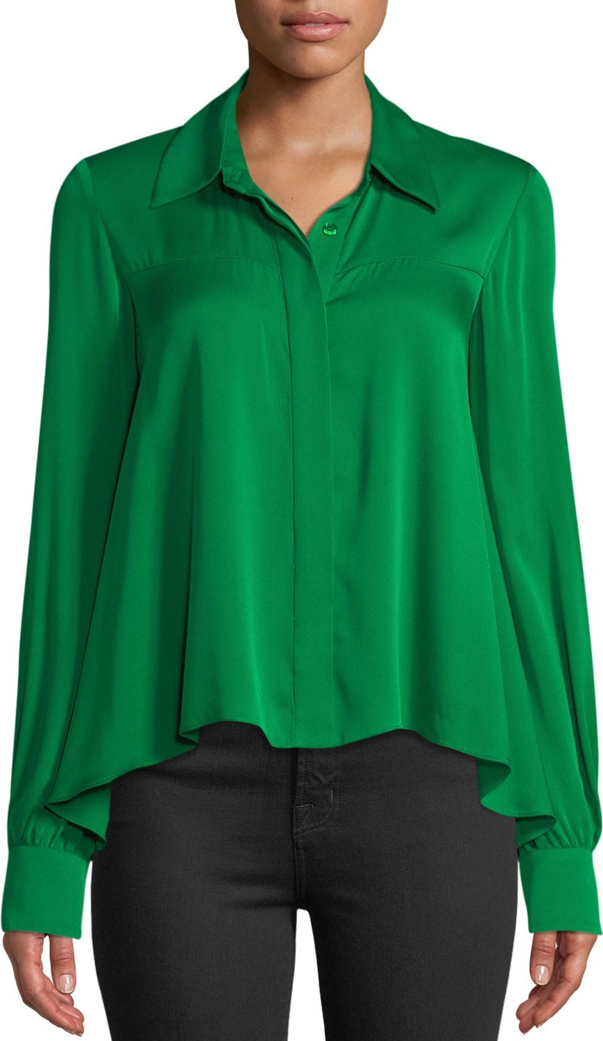 MILLY Penelope Button-Front Long-Sleeve Silk-Stretch Top