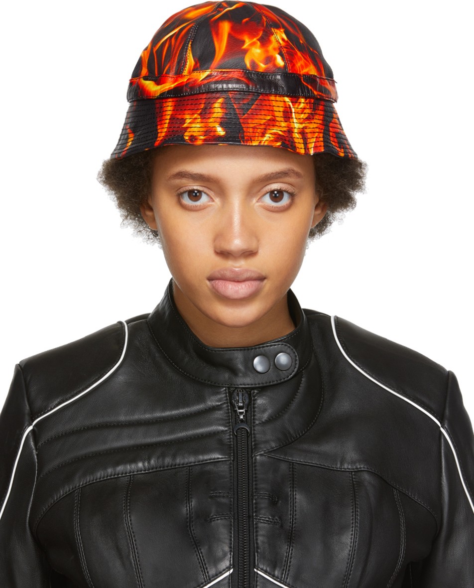 Marine Serre SSENSE Exclusive Black & Orange Leather Fire Bucket Hat