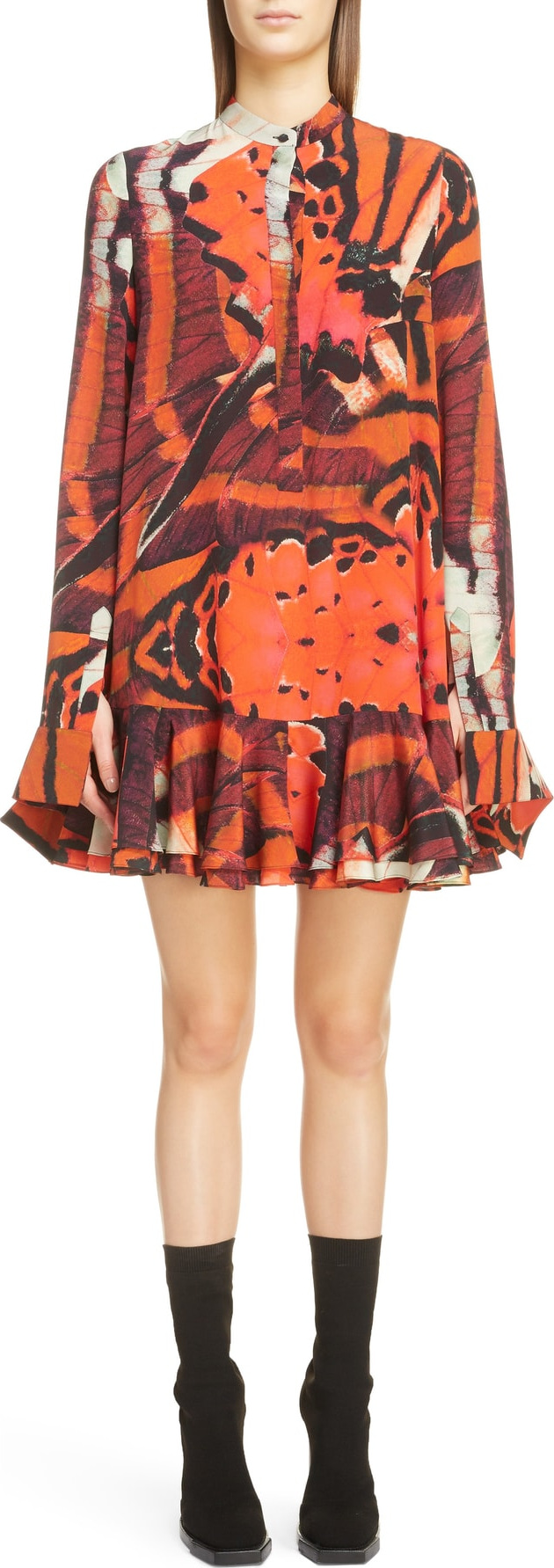 Alexander McQueen Butterfly Print Ruffle Hem Silk Dress