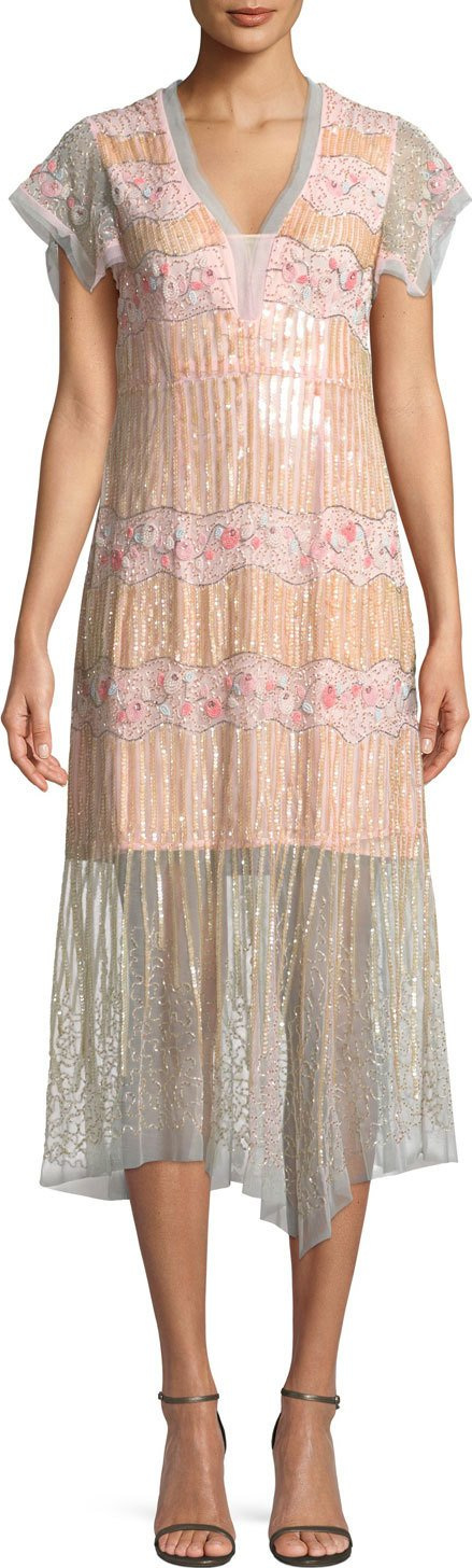 Nanette Lepore Jeweled V-Neck Pleated Dress