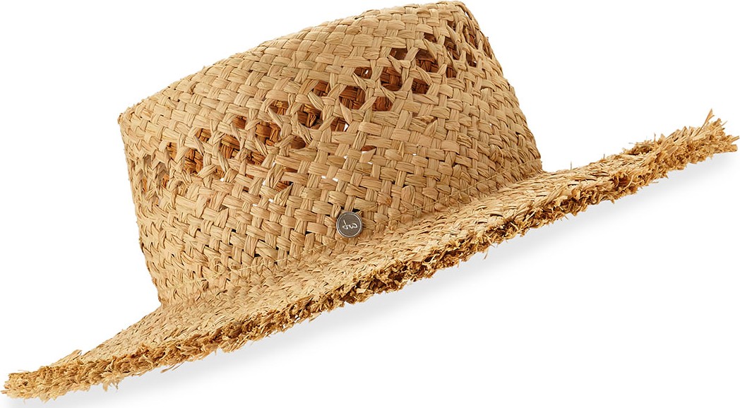 Tracy Watts Bullrush Raffia Fedora w/ Frayed Brim