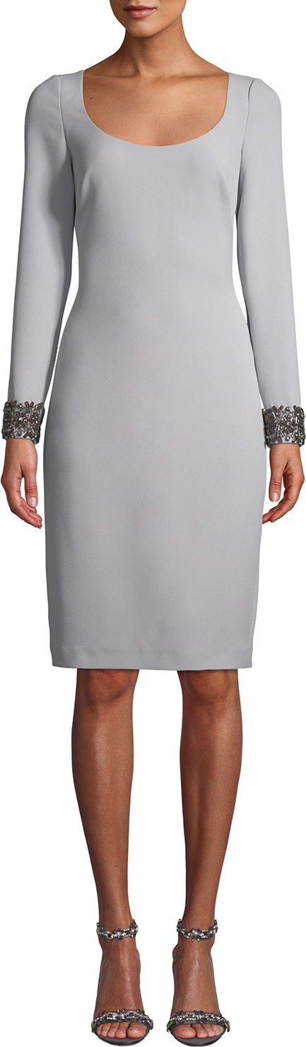 Badgley Mischka Scoop-Neck Dress w/ Beaded Cuffs