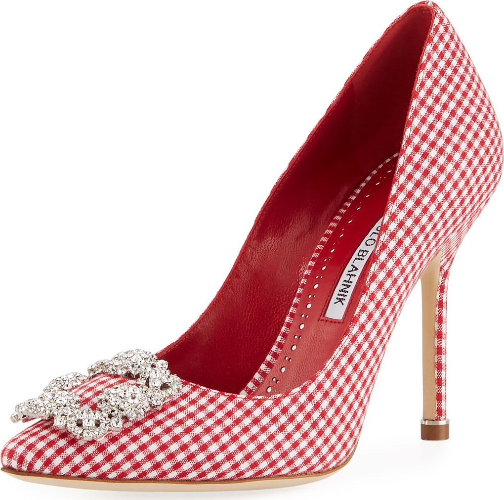 Manolo Blahnik Hangisi Crystal-Buckle Gingham 105mm Pumps