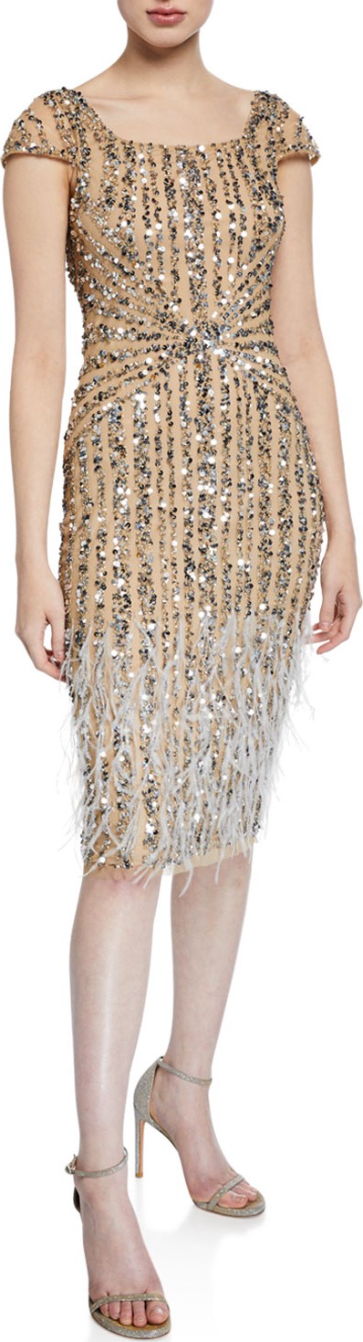 Parker Rosanna Square-Neck Beaded Cocktail Dress w/ Feathers