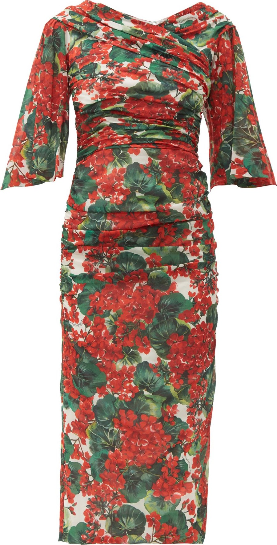 Dolce & Gabbana Ruched geranium-print silk-blend midi dress