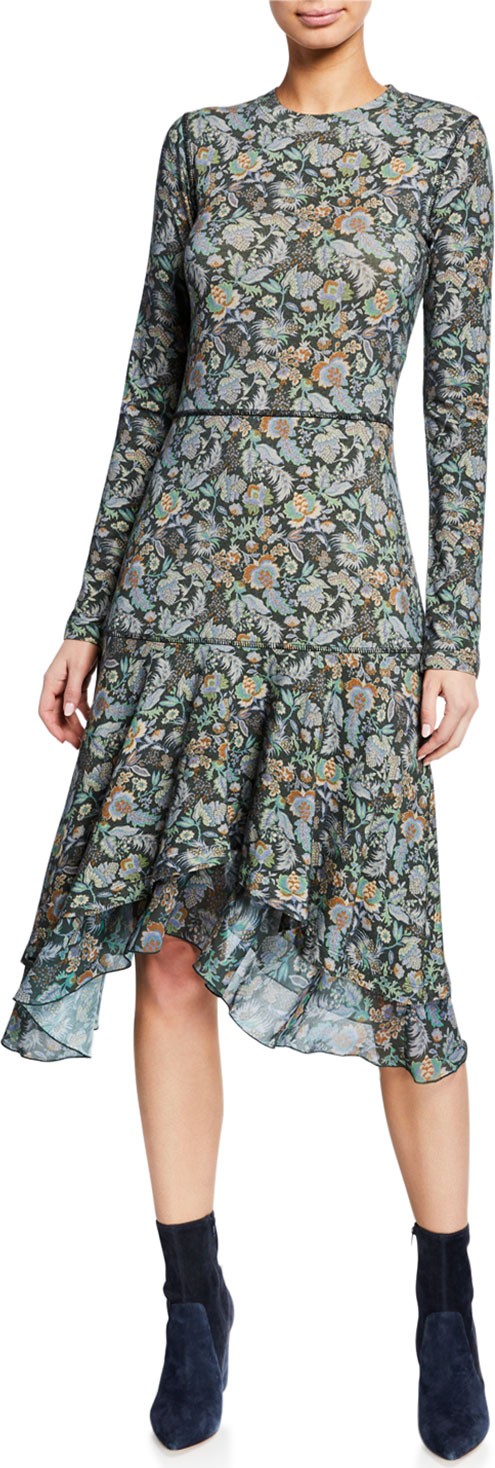 See By Chloé Long-Sleeve Tiered Printed Flounce Dress