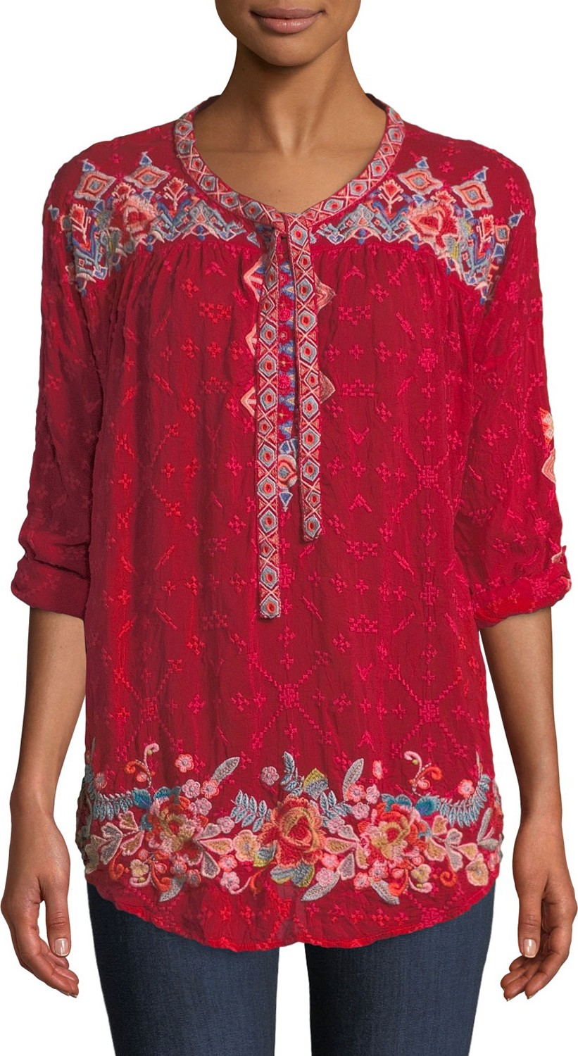 Johnny Was Gina Tie-Neck Embroidered Blouse