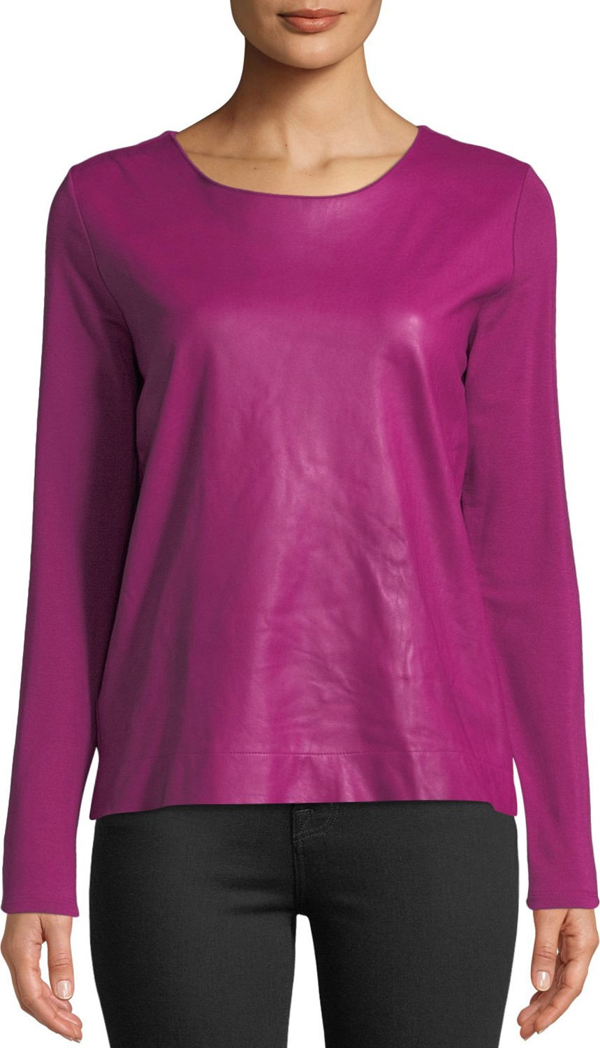 Majestic Leather-Front Long-Sleeve Top