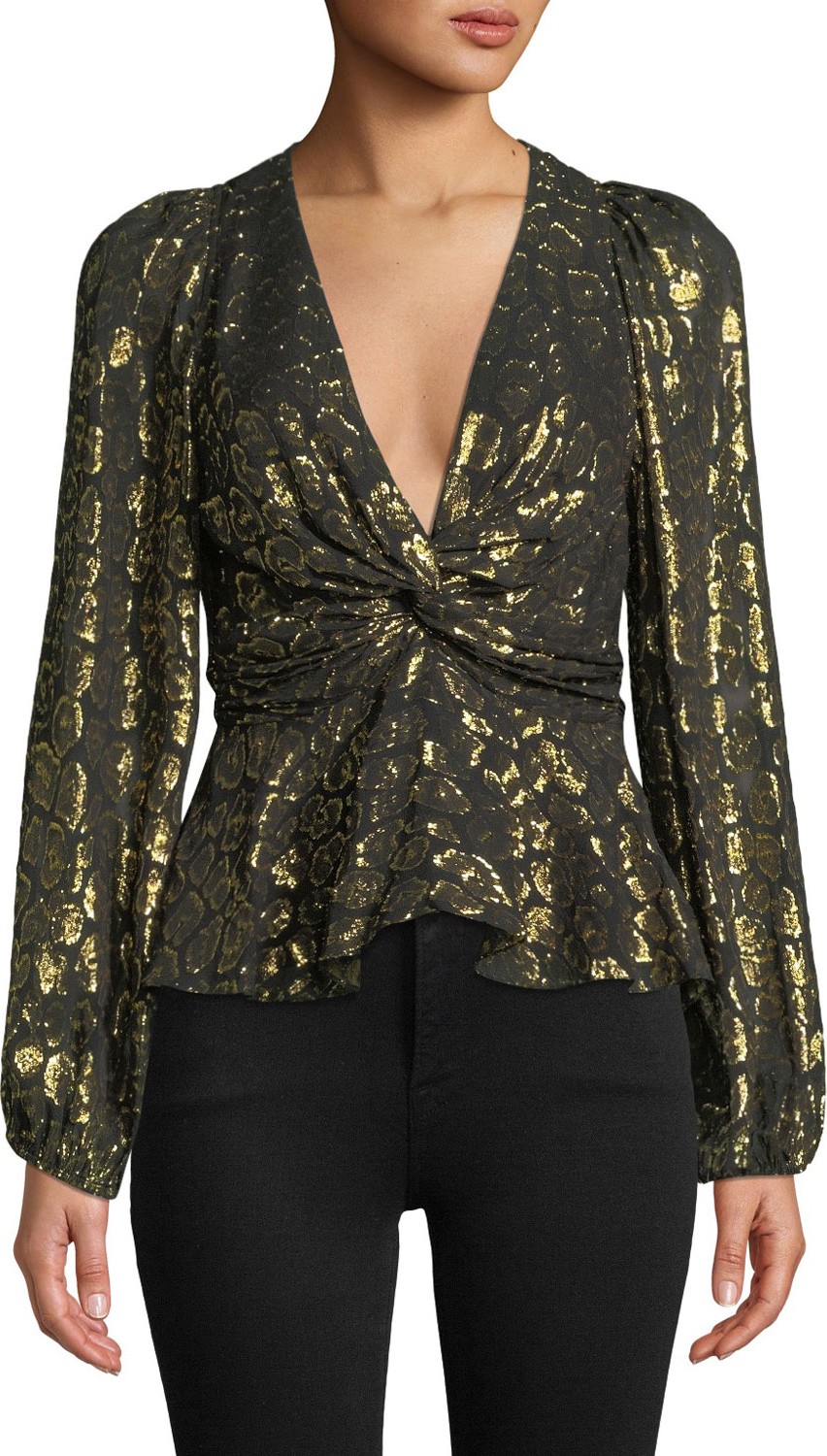 A.L.C. Logan Metallic Twist-Front Animal-Print Top
