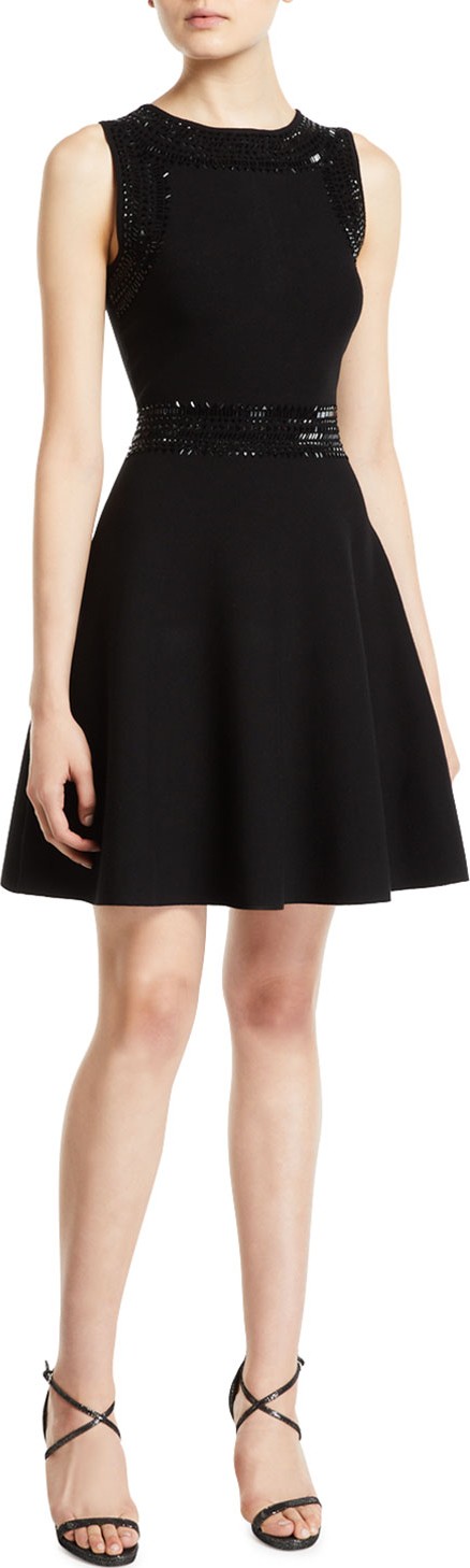 MILLY Jewel-Neck Sleeveless Embellished Fit-and-Flare Mini Dress