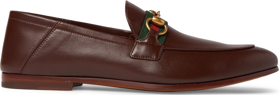 Gucci Brixton Webbing-Trimmed Horsebit Collapsible-Heel Leather Loafers