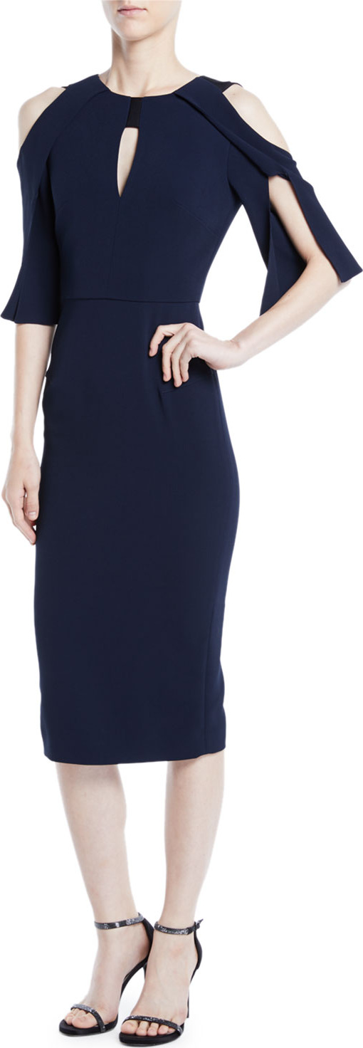 Roland Mouret Keyhole Slit-Sleeve Midi Crepe Sheath Dress