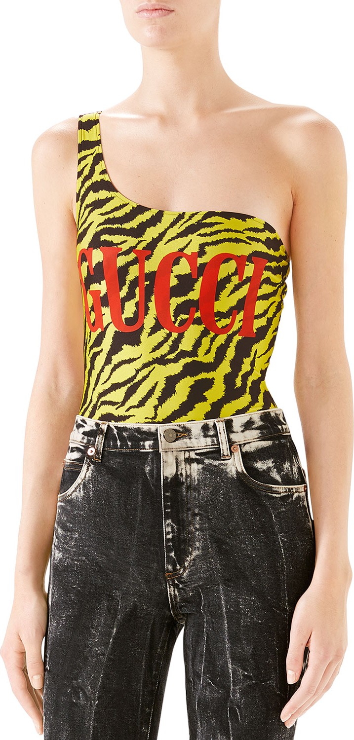 Gucci One-Shoulder Sparkling Logo Swimsuit