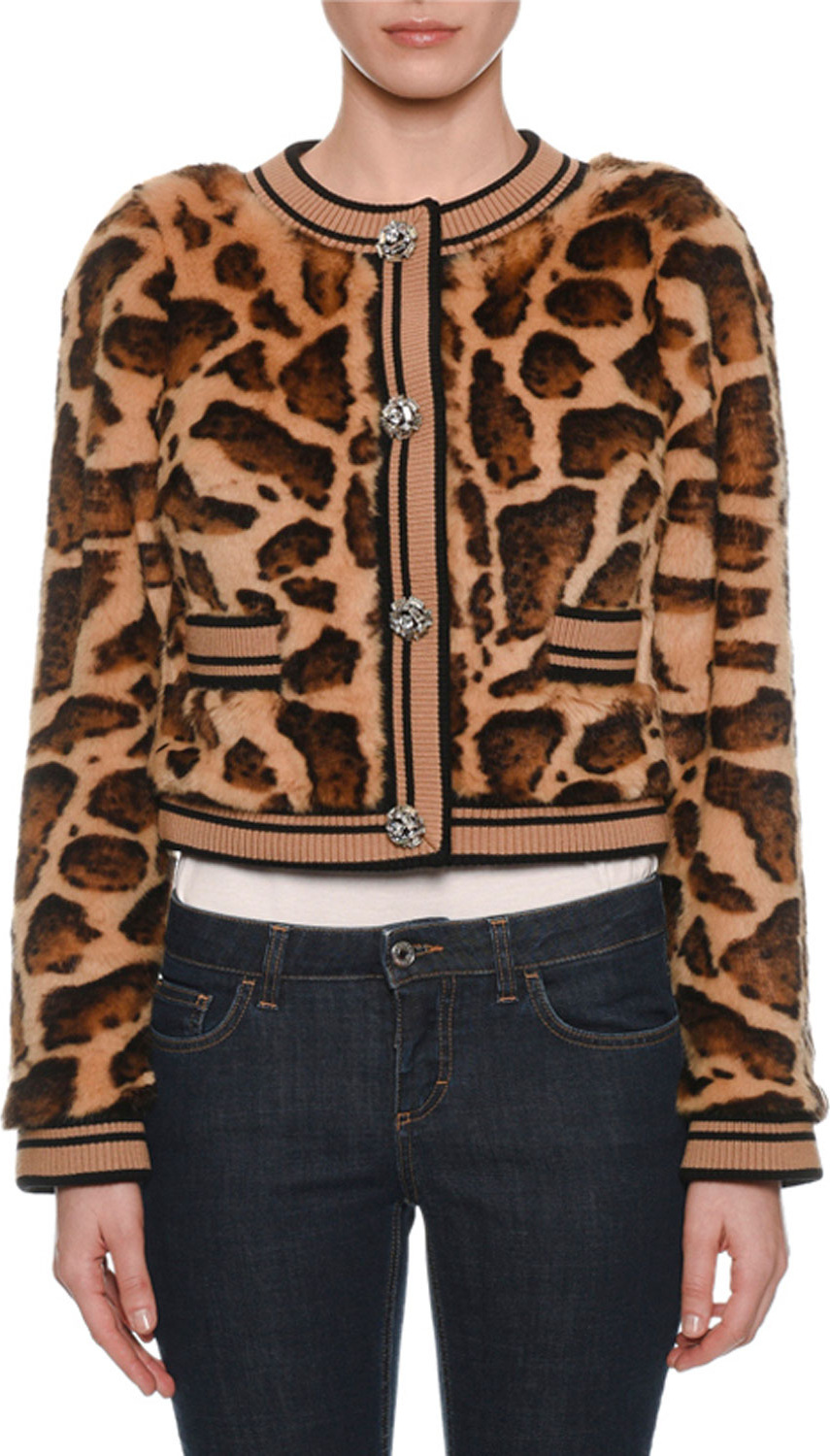 Dolce & Gabbana Faux-Fur Leopard Cropped Chubby Jacket
