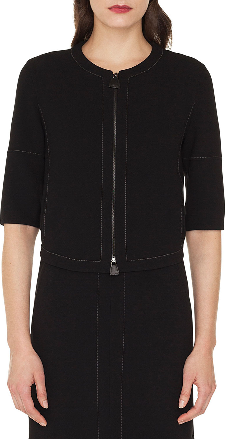 Akris Ramona Round-Neck Zip-Front Stretch-Wool Jacket w/ Topstitching