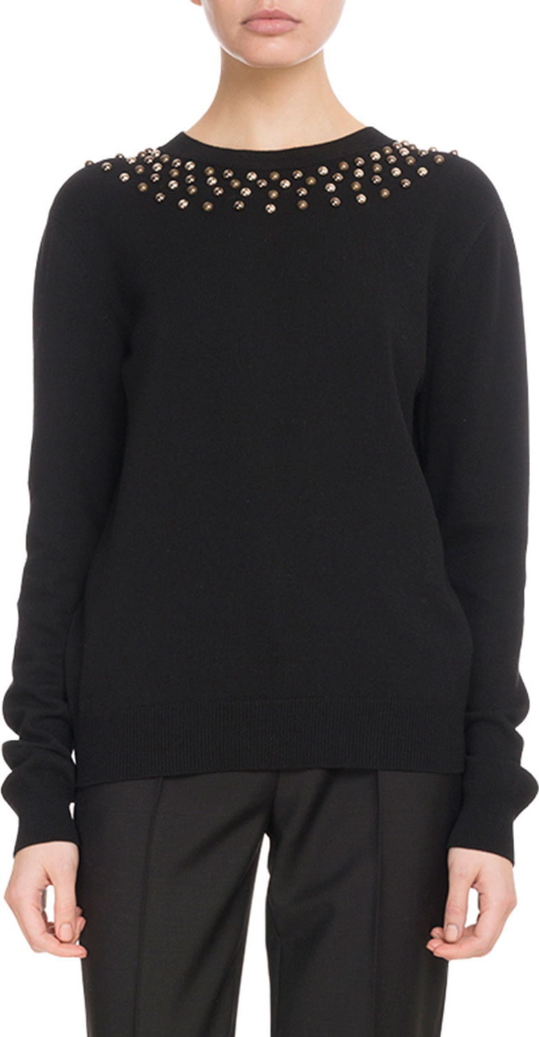 Givenchy Long-Sleeve Studded-Neck Fitted Wool-Cashmere Sweater