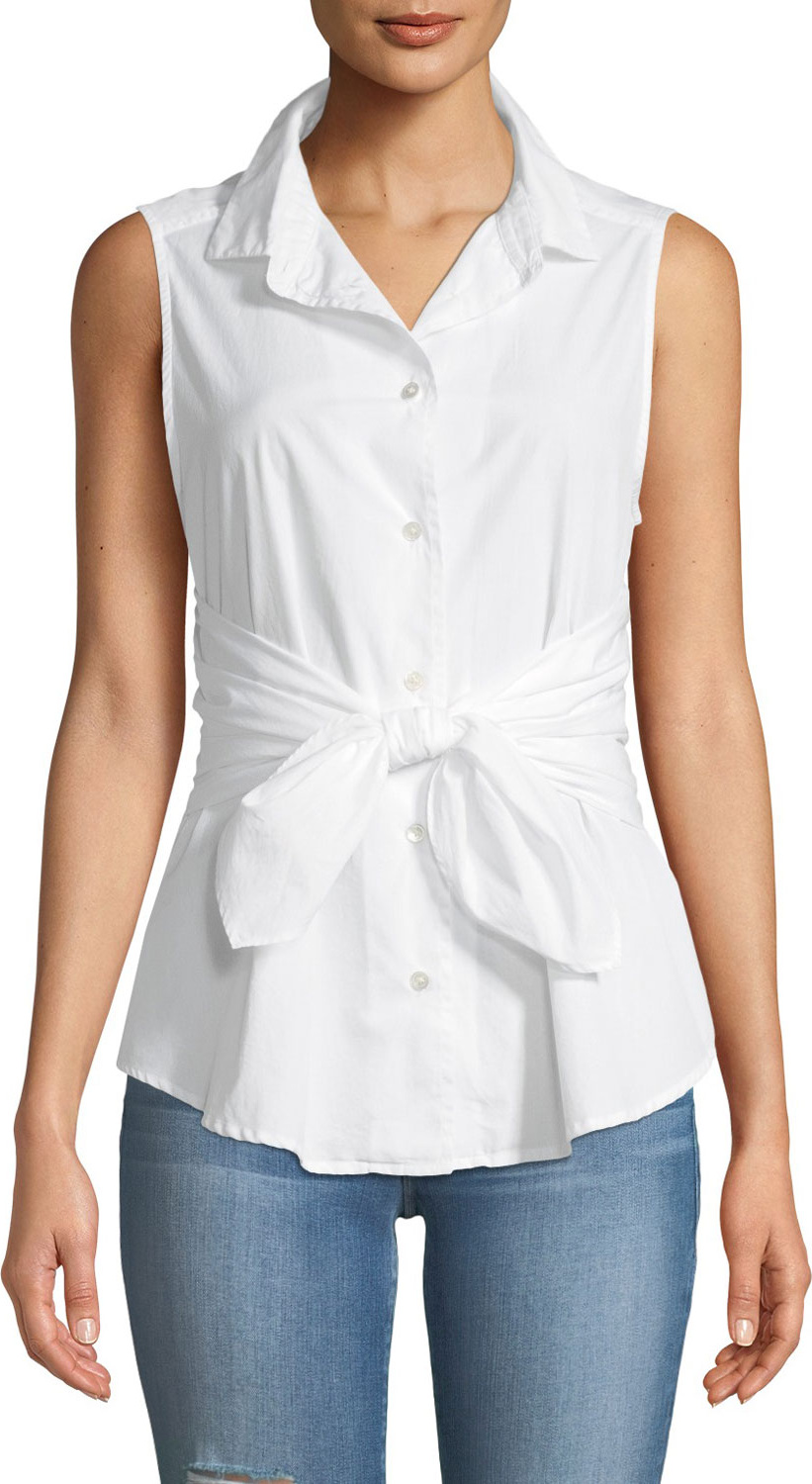 FRAME DENIM Sleeveless Button-Front Belted Poplin Top