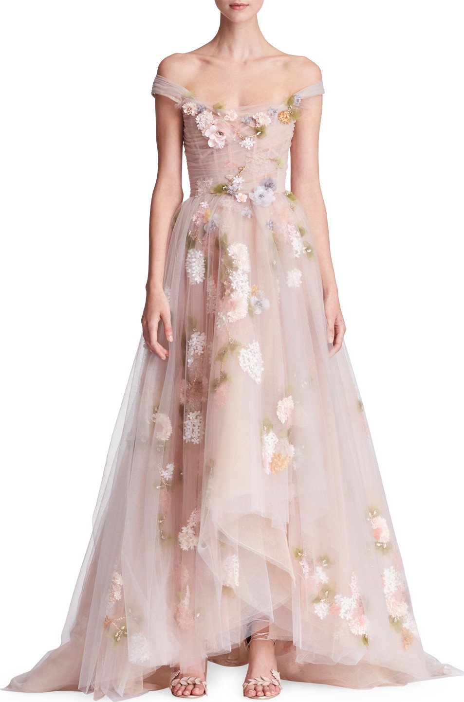 Marchesa Off-the-Shoulder Corset-Bodice 3-D Organza Evening Gown with Paillette Flowers