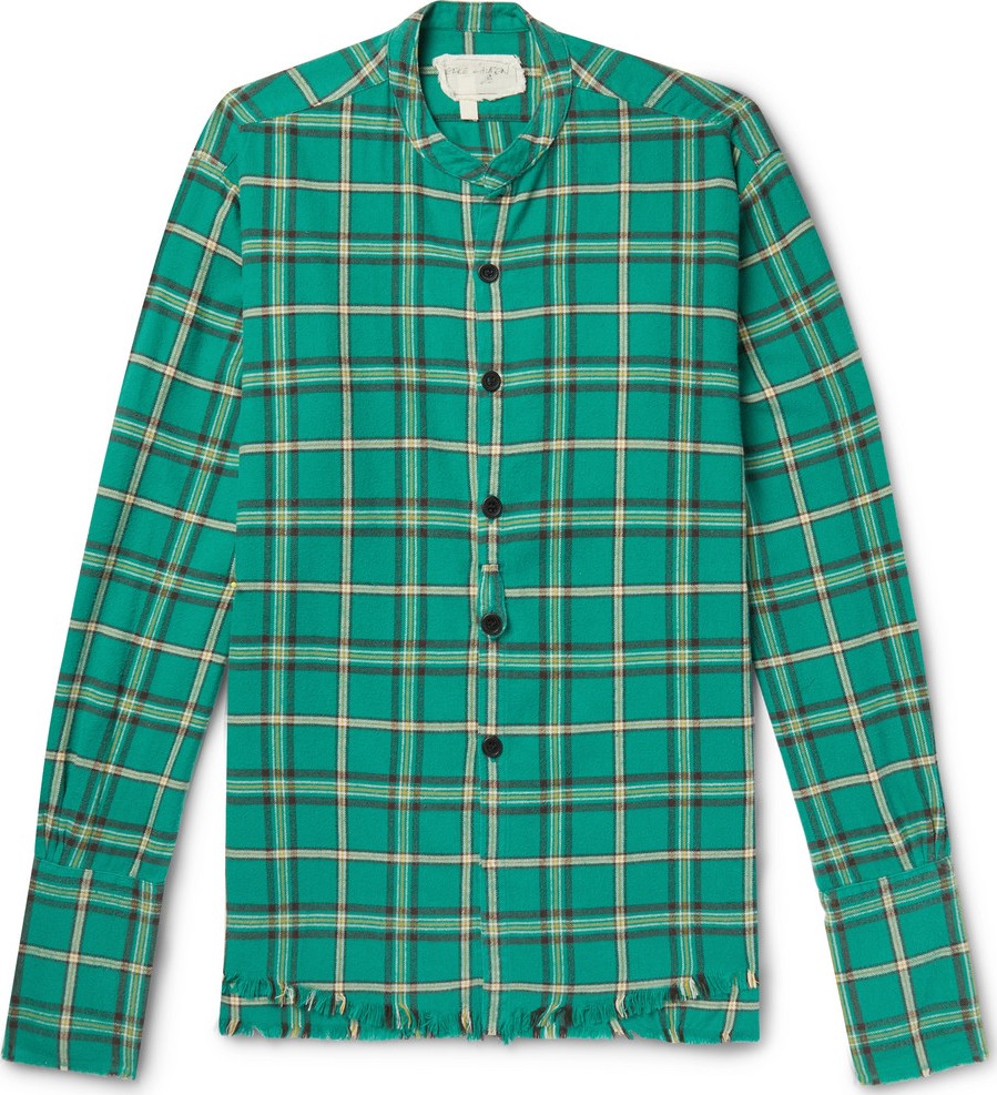 Greg Lauren Grandad-Collar Distressed Checked Cotton-Flannel Shirt