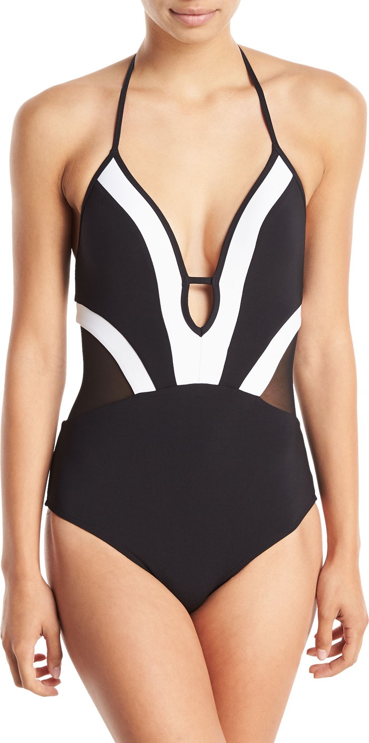 JETS by Jessika Allen Classique Plunging Colorblocked One-Piece Swimsuit