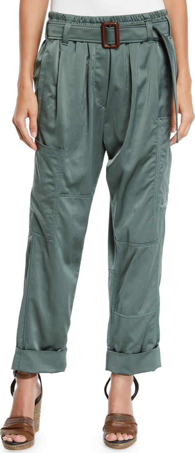 Brunello Cucinelli Straight-Leg Satin Pants w/ Wooden D-Ring Belt