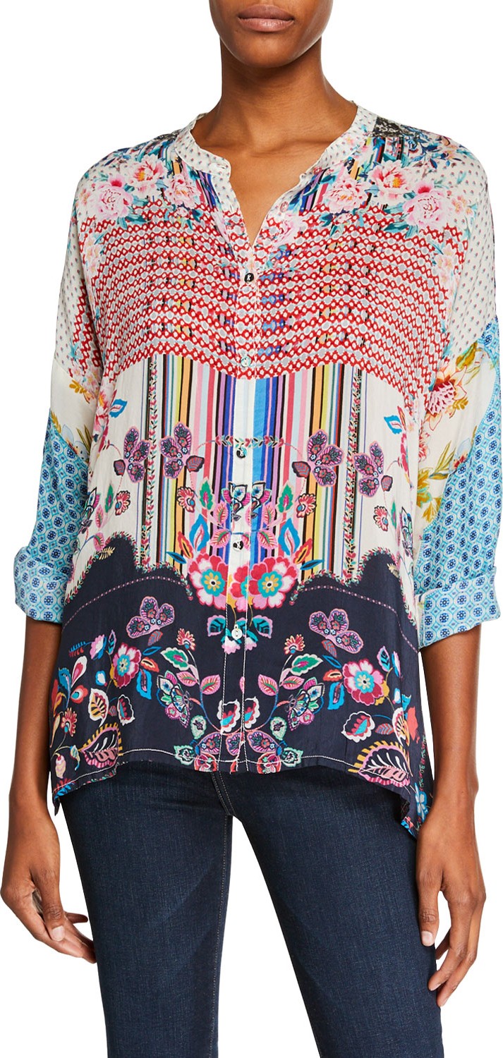 Johnny Was Patch Button-Front Mixed-Print Blouse
