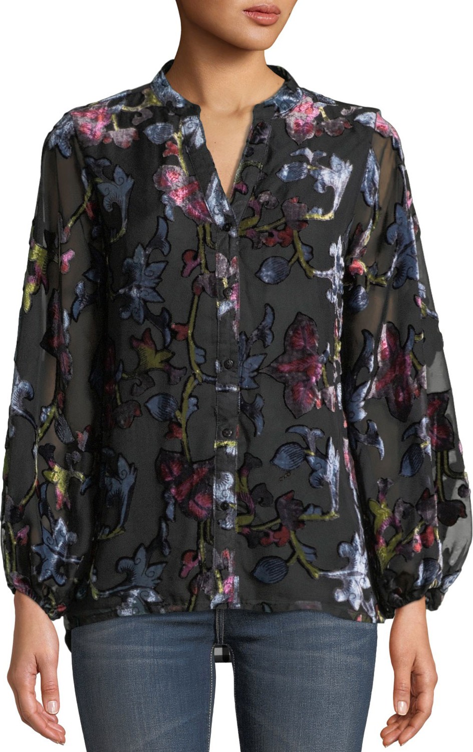 Tolani Melany Floral Burnout Velvet Long-Sleeve Shirt