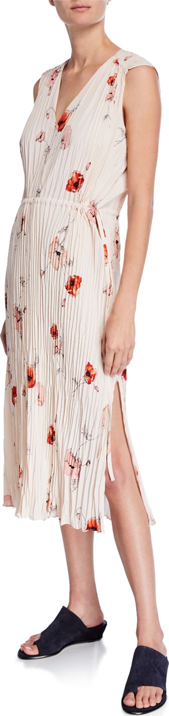 Vince Tossed Poppy V-Neck Pleated Dress