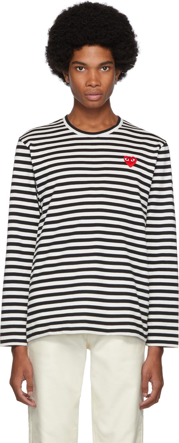 Comme Des Garcons PLAY Black & White Striped Heart Patch T-Shirt