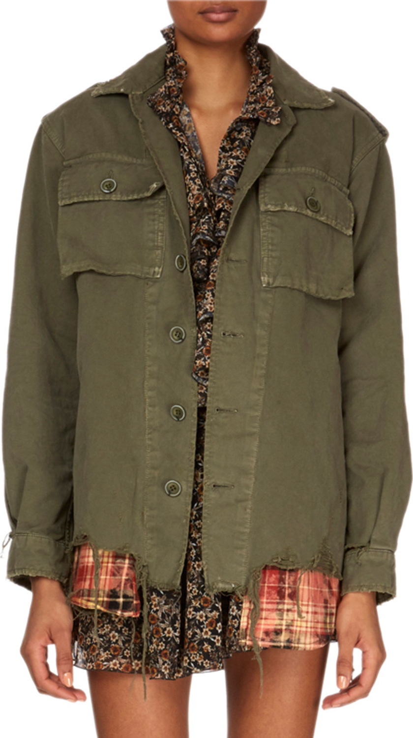 Redemption Button-Down Long-Sleeve Military Jacket w/ Plaid Shirttail Hem