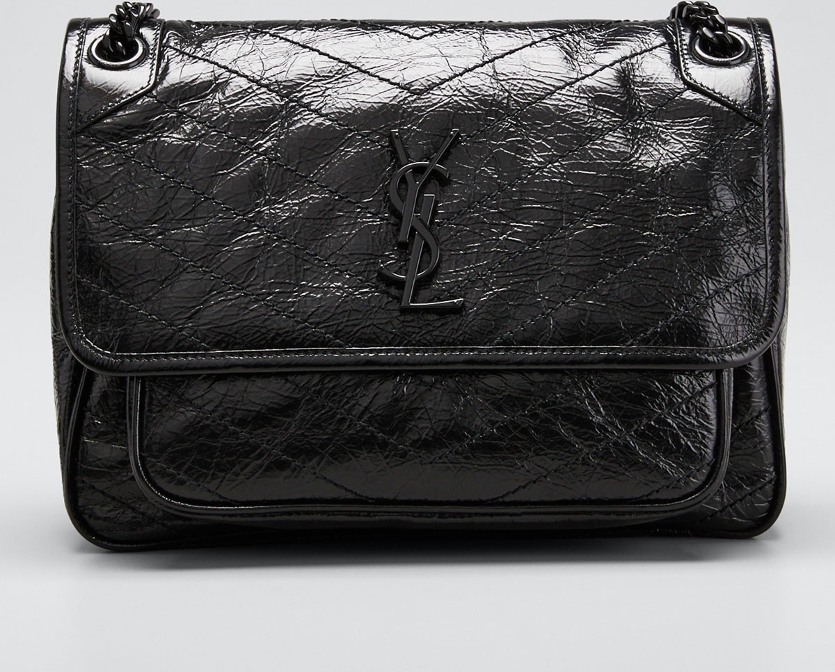Saint Laurent Niki Medium Crinkled Calfskin Flap-Top Shoulder Bag  Black Hardware