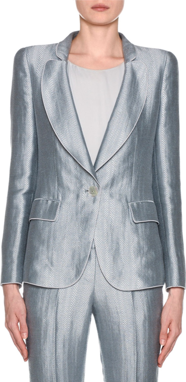 Giorgio Armani Metallic Linen Chevron Button-Front Blazer, Ice Blue