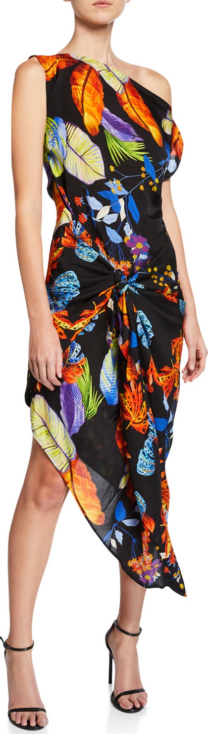 Pinko Ivana One-Shoulder Tropical Leaf Twill Dress