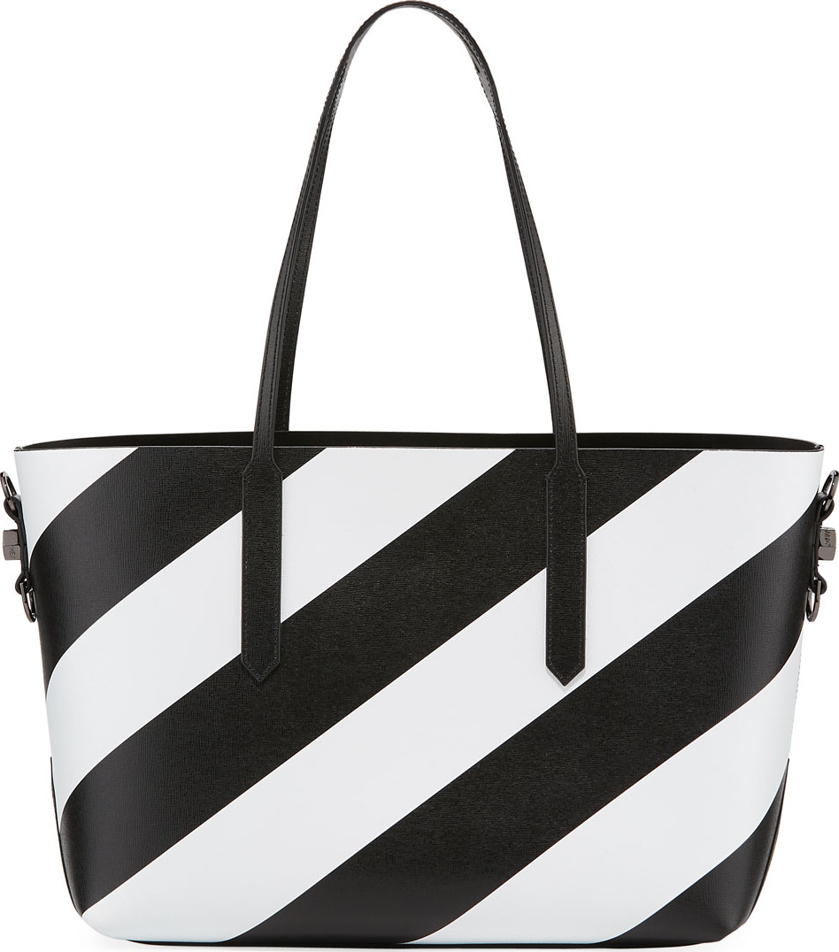Off White Medium Diagonal Striped Leather Tote Bag