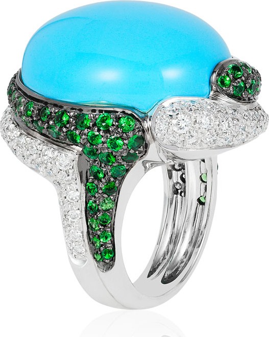 Andreoli 18k White Gold Turquoise, Diamond & Tsavorite Ring