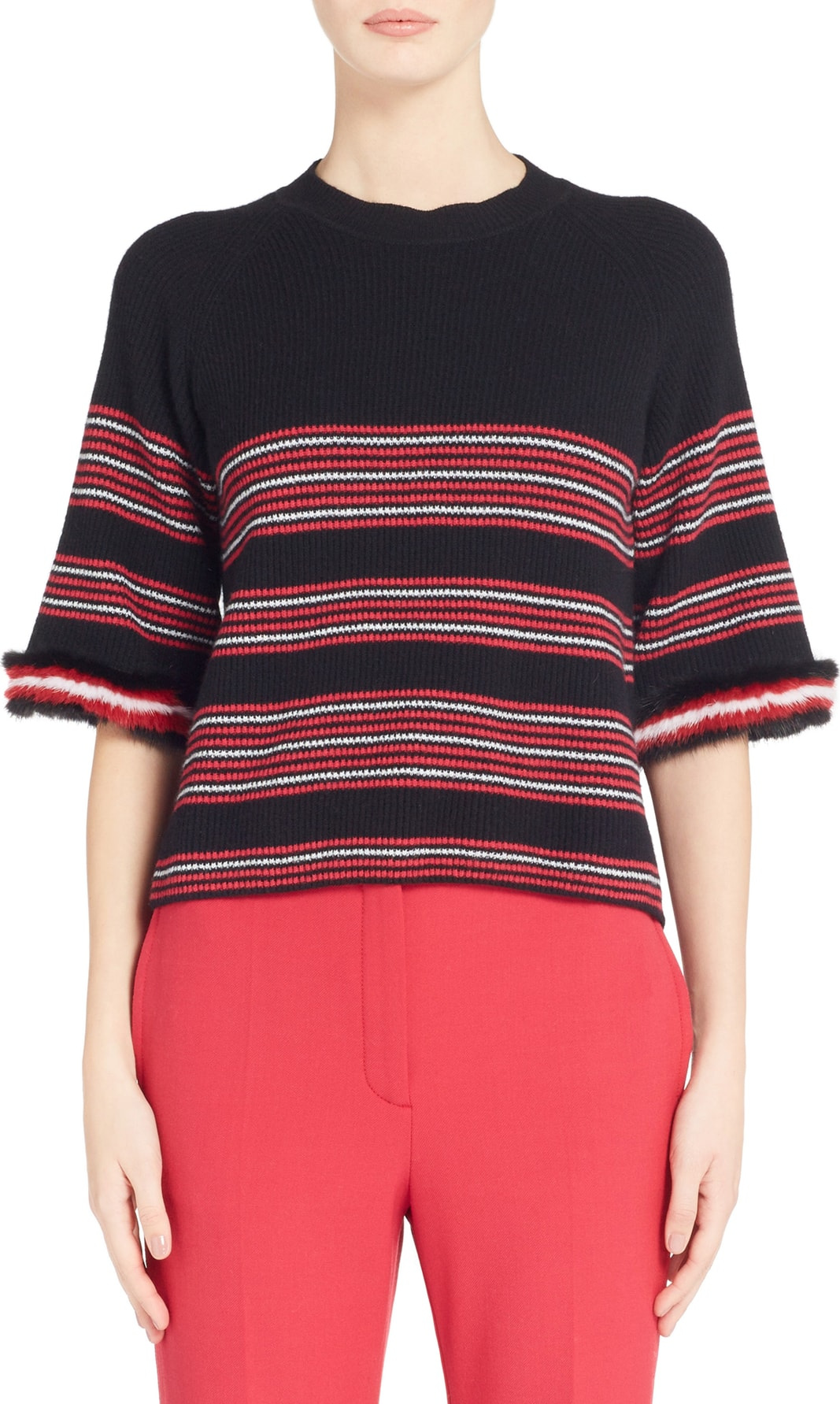 Fendi Genuine Mink Fur Trim Stripe Sweater